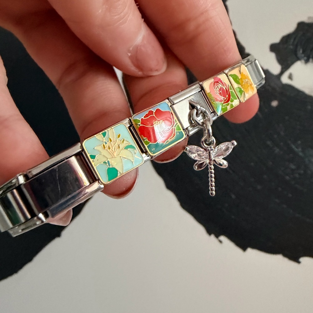 Garden Bloom Italian Charm Bracelet with Dragonfly Dangle – Floral Enamel - Picture 4 of 6